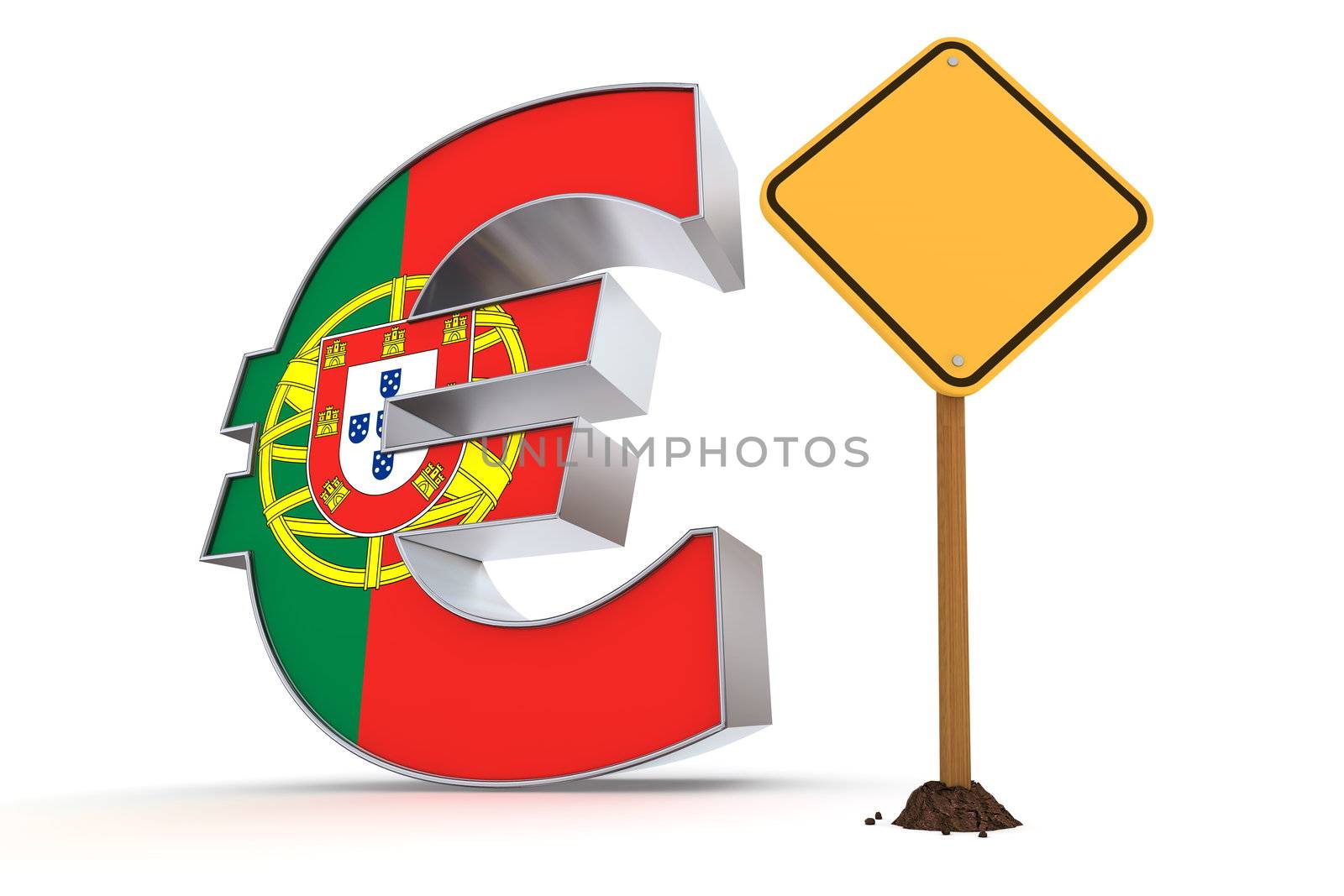 shiny metallic Euro symbol with a portuguese flag on it's front - a yellow quadrangular warning sign stands next to it