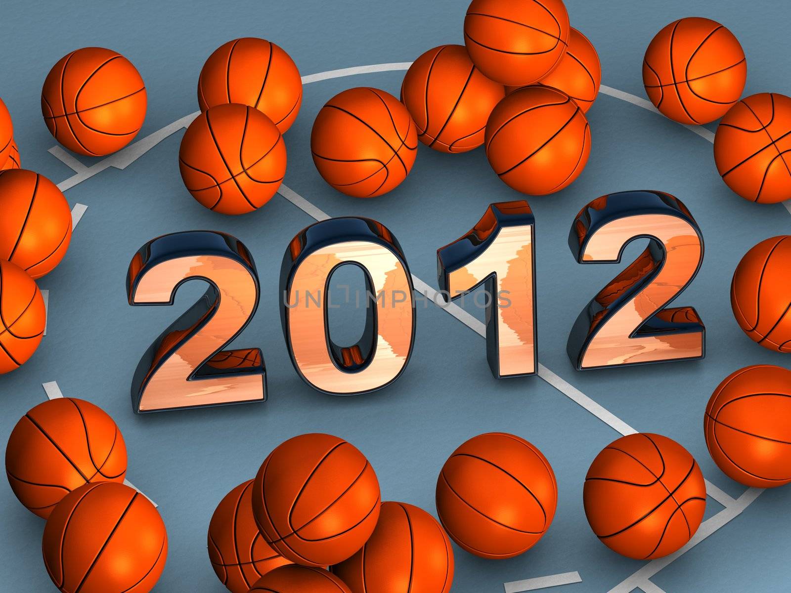 2012 in the middle of a blue playground with lots of basketballs