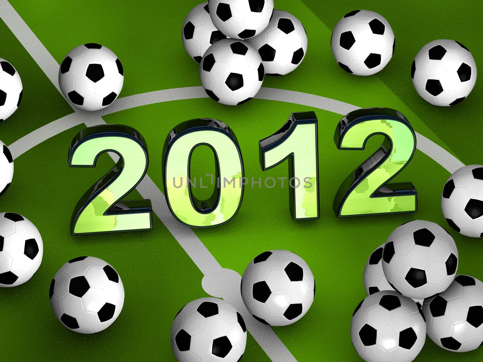 2012 in the middle of a green playground with many soccerballs