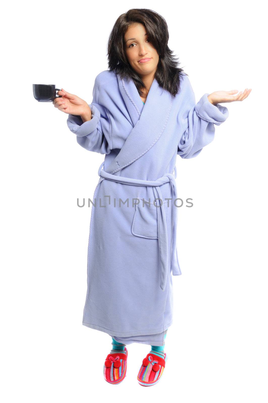 woman in a robe and slippers holding her coffee on a white background