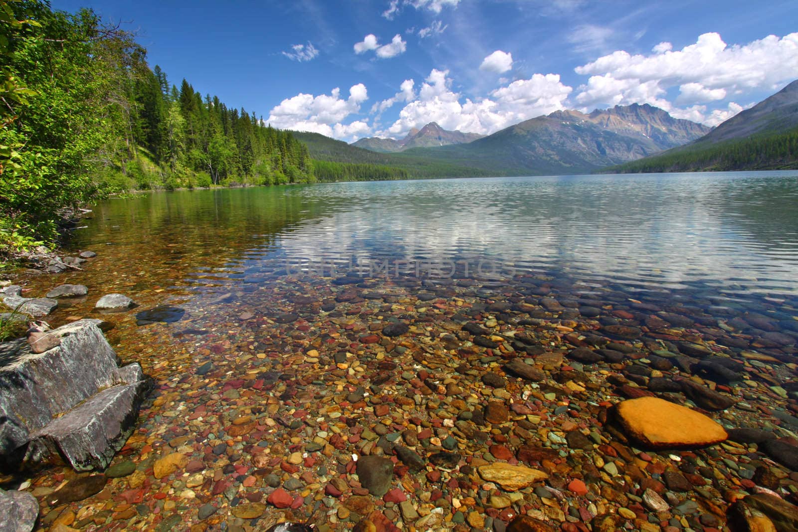 Brightly colored rocks seen through the crystal clear waters of Kintla Lake in Glacier National Park - USA.