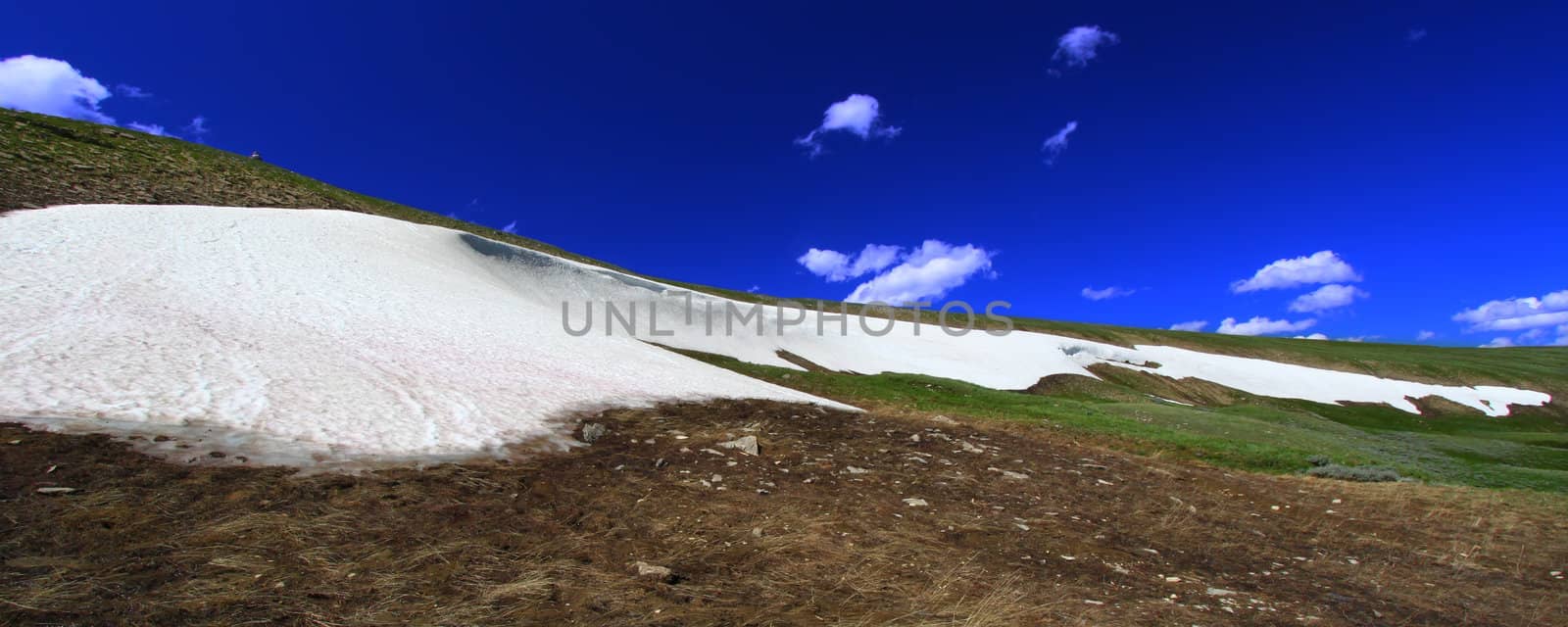 Snow lingers in the high elevations of the Bighorn Mountains on a sunny summer day.