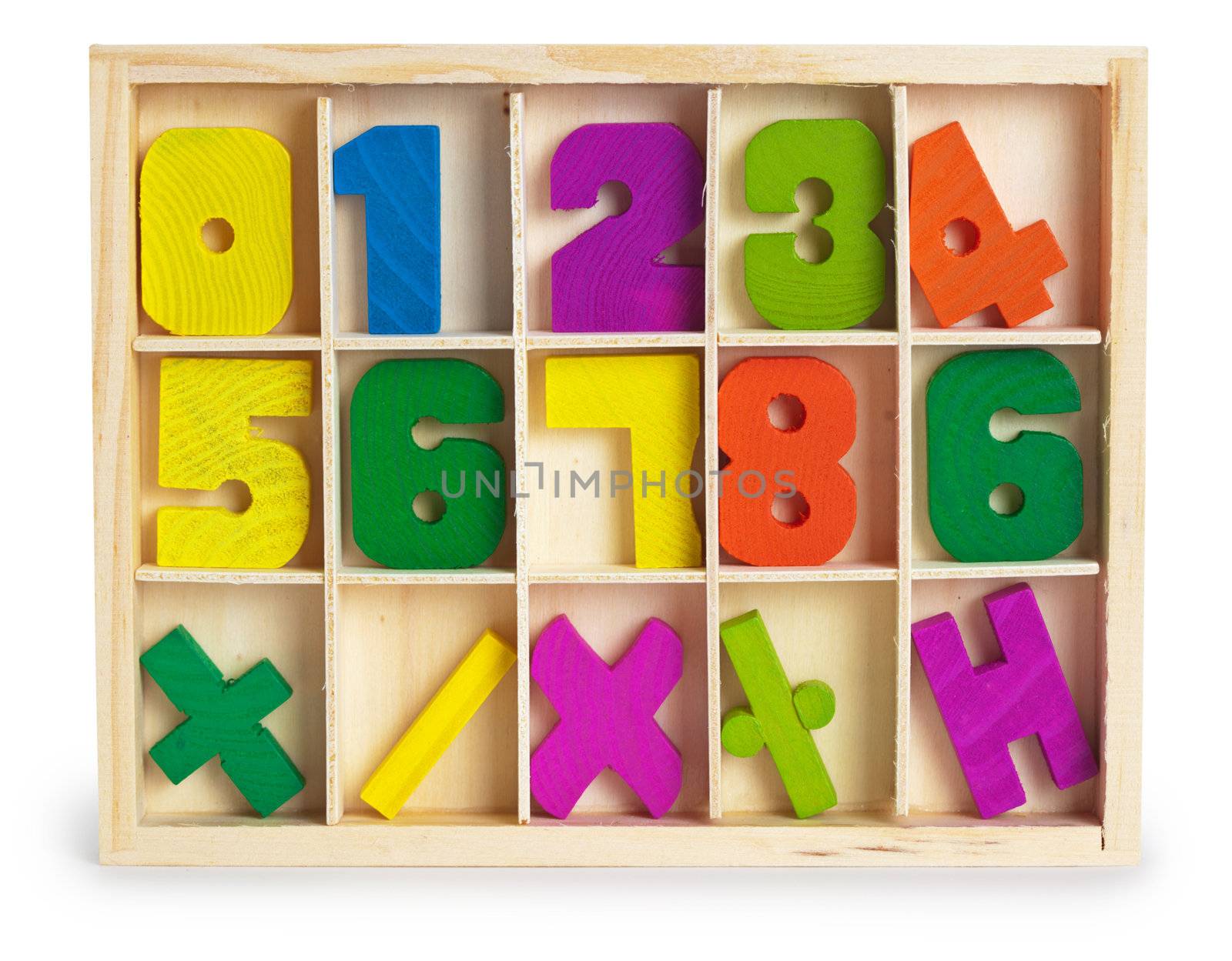 Toy mathematical wooden figures in a box