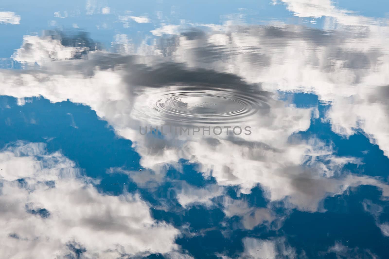 reflection of the blue sky and clouds in the calm water of a lake with a ripple in the middle