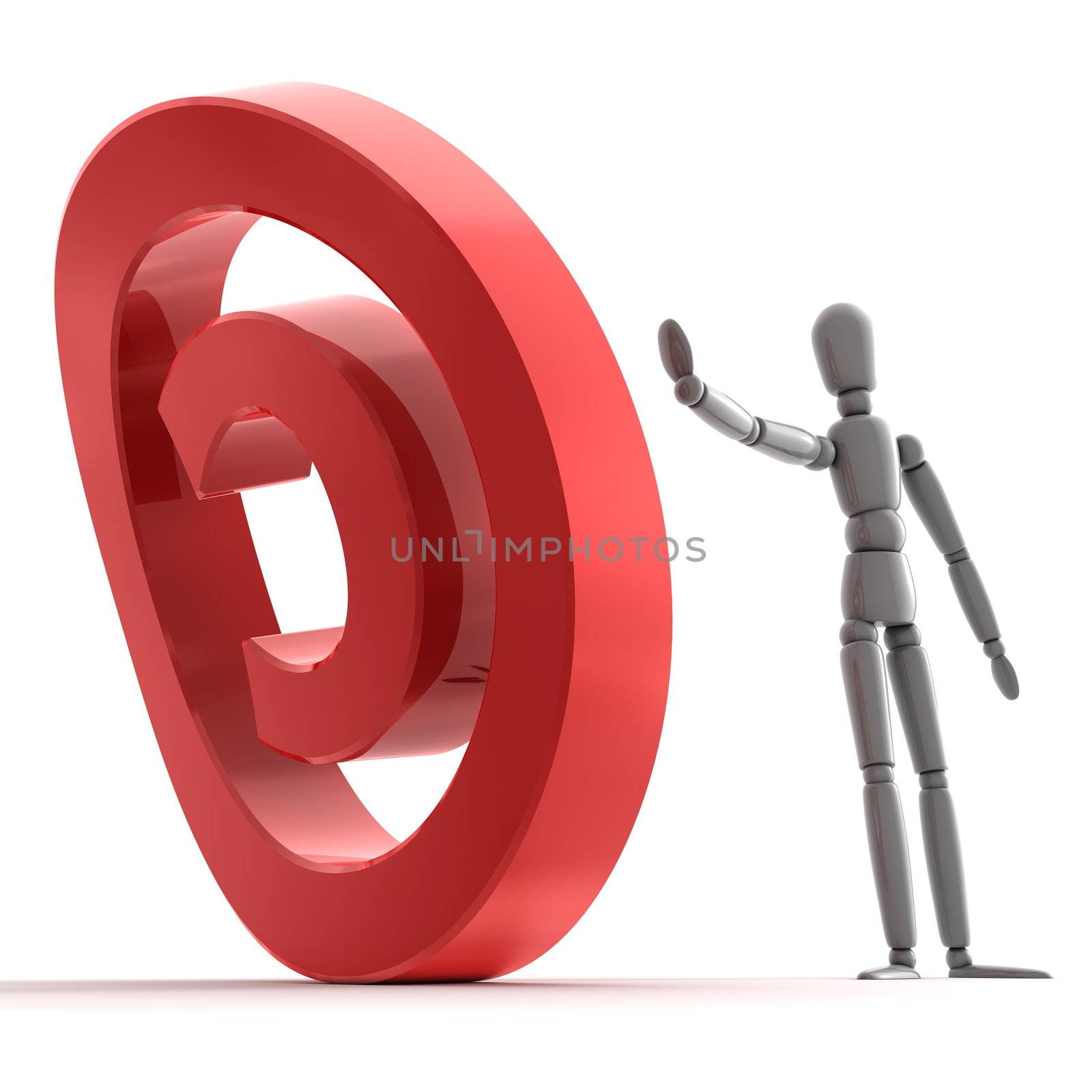 grey shiny person is stopping a shiny glossy red copyright sign