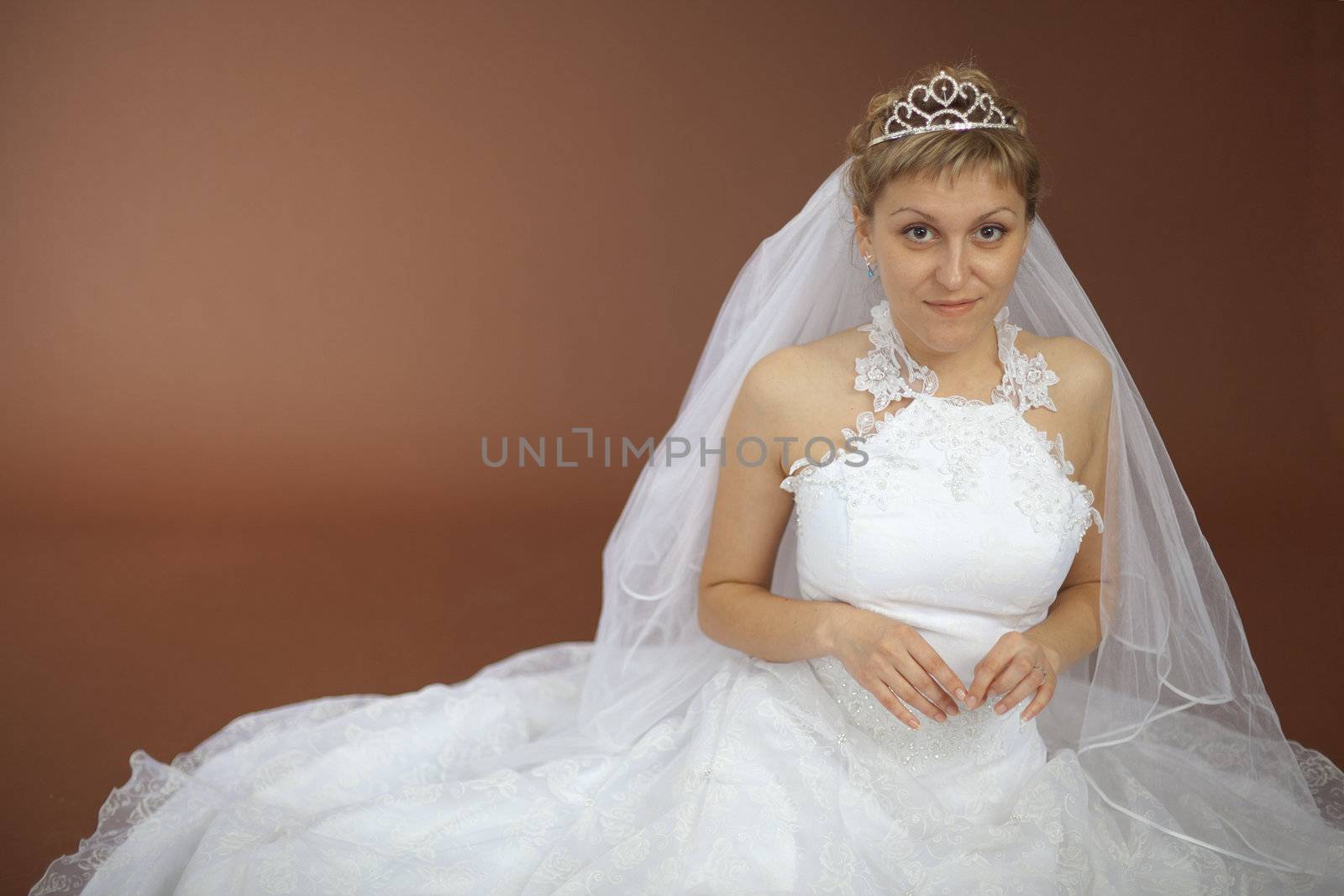 The beautiful amusing bride in a white dress sits on a brown background