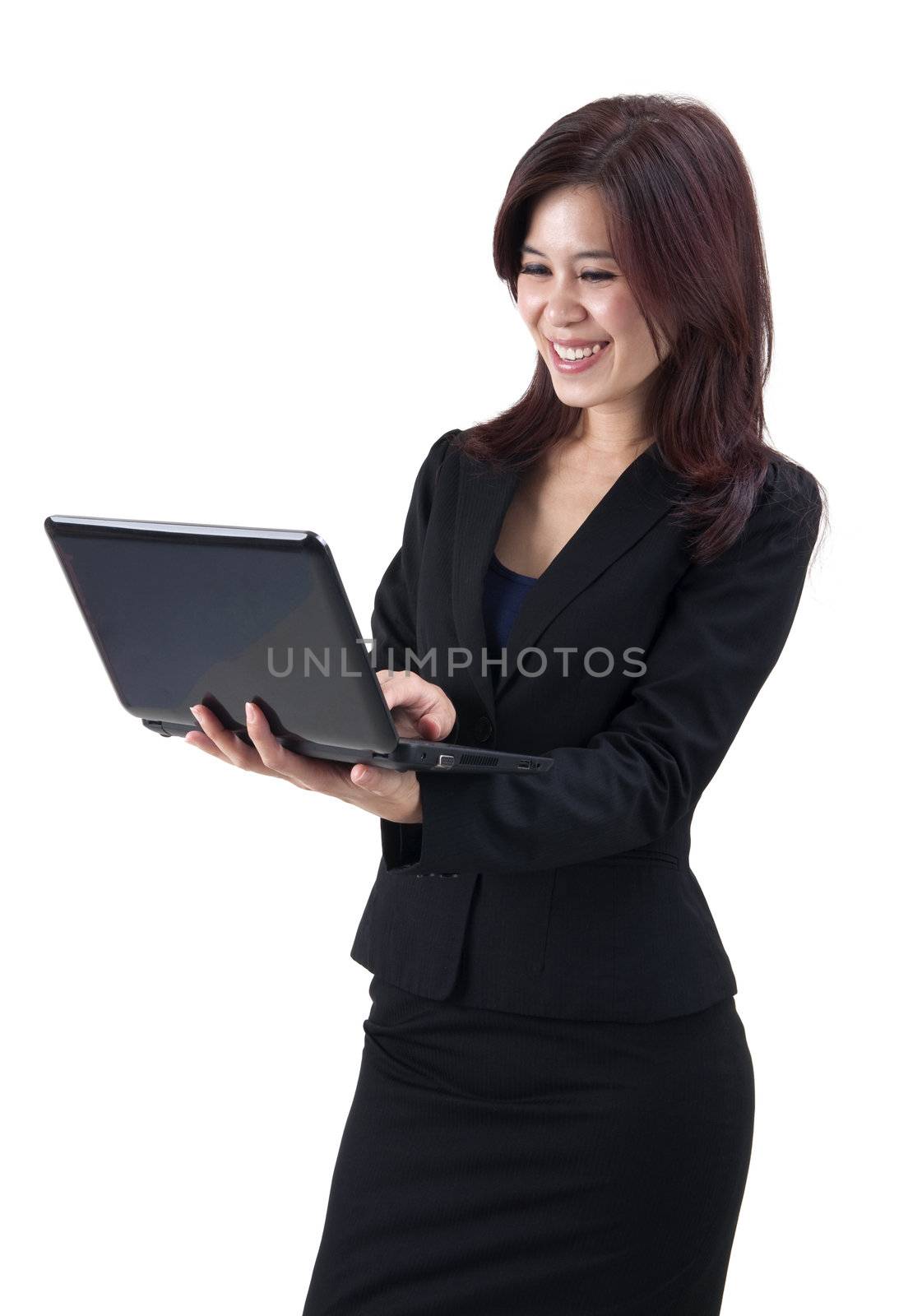 Asian women using laptop over white background
