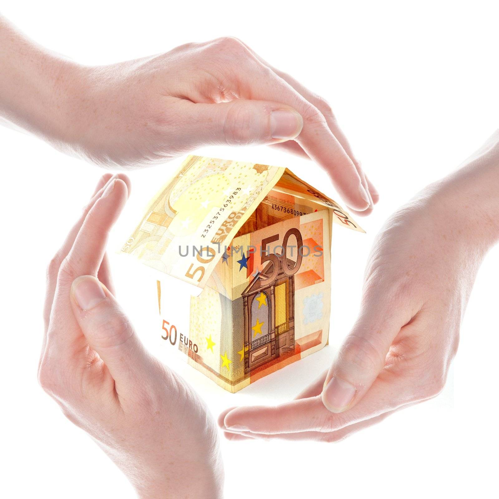 real estate or house insurance concept with hands and euro money