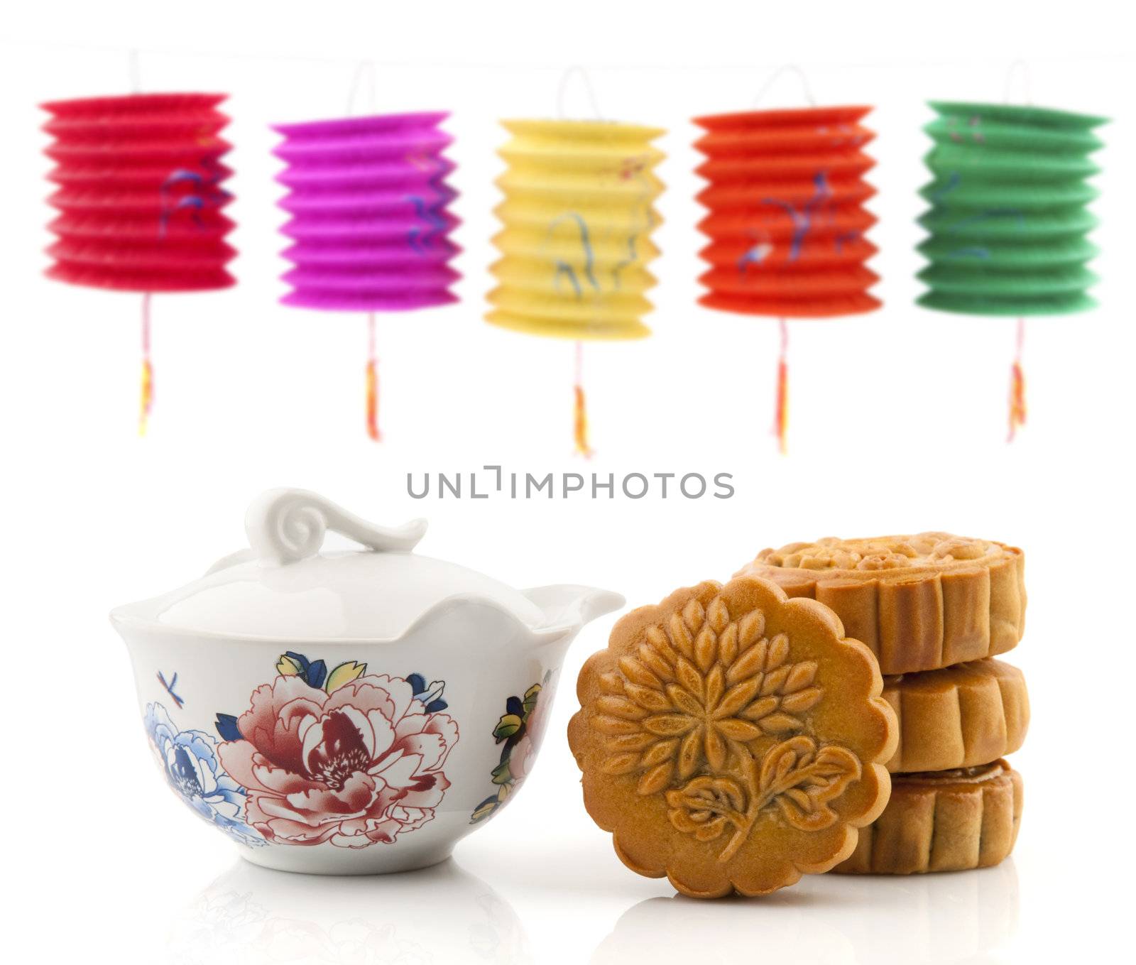 Moon Cake and Tea Set of Mid Autumn Festival, paper lantern as background