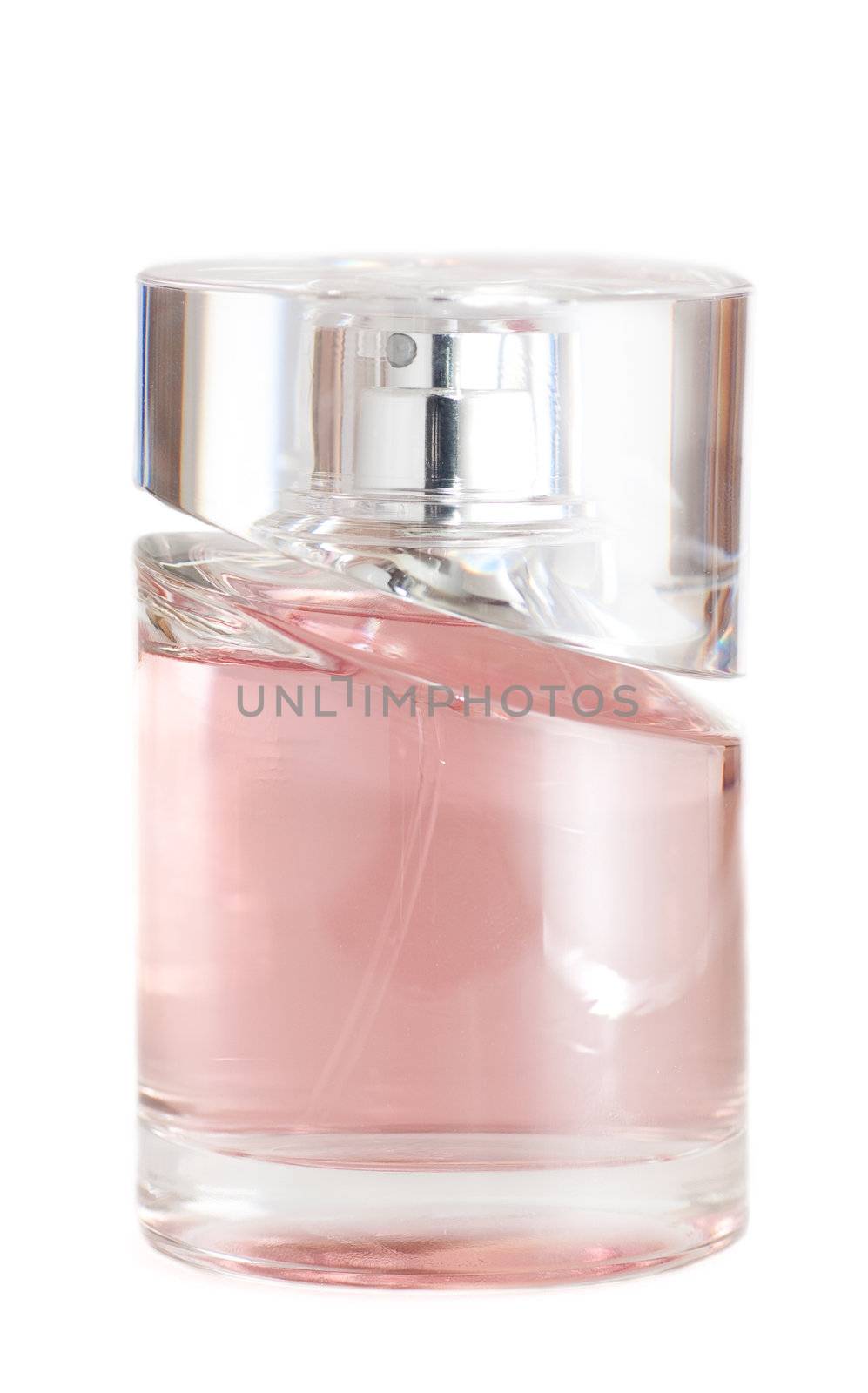 Transparent perfume bottle isolated on while background.