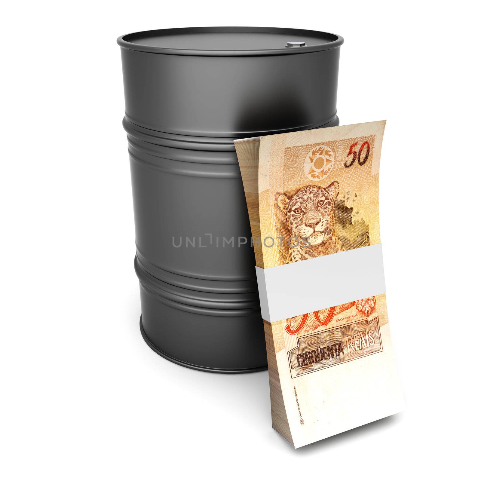 A oil barrell with brazilian real notes. 3D rendered Illustration. Isolated on white.