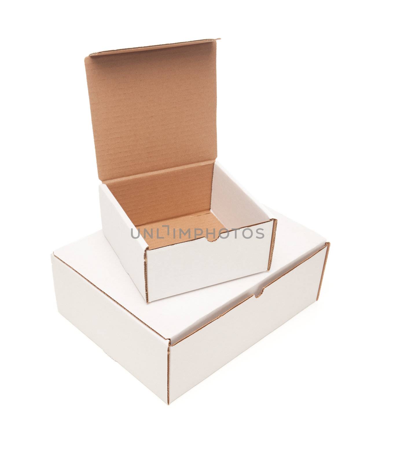 Stack of Blank White Cardboard Boxes, Top Opened, Isolated on a White Background.