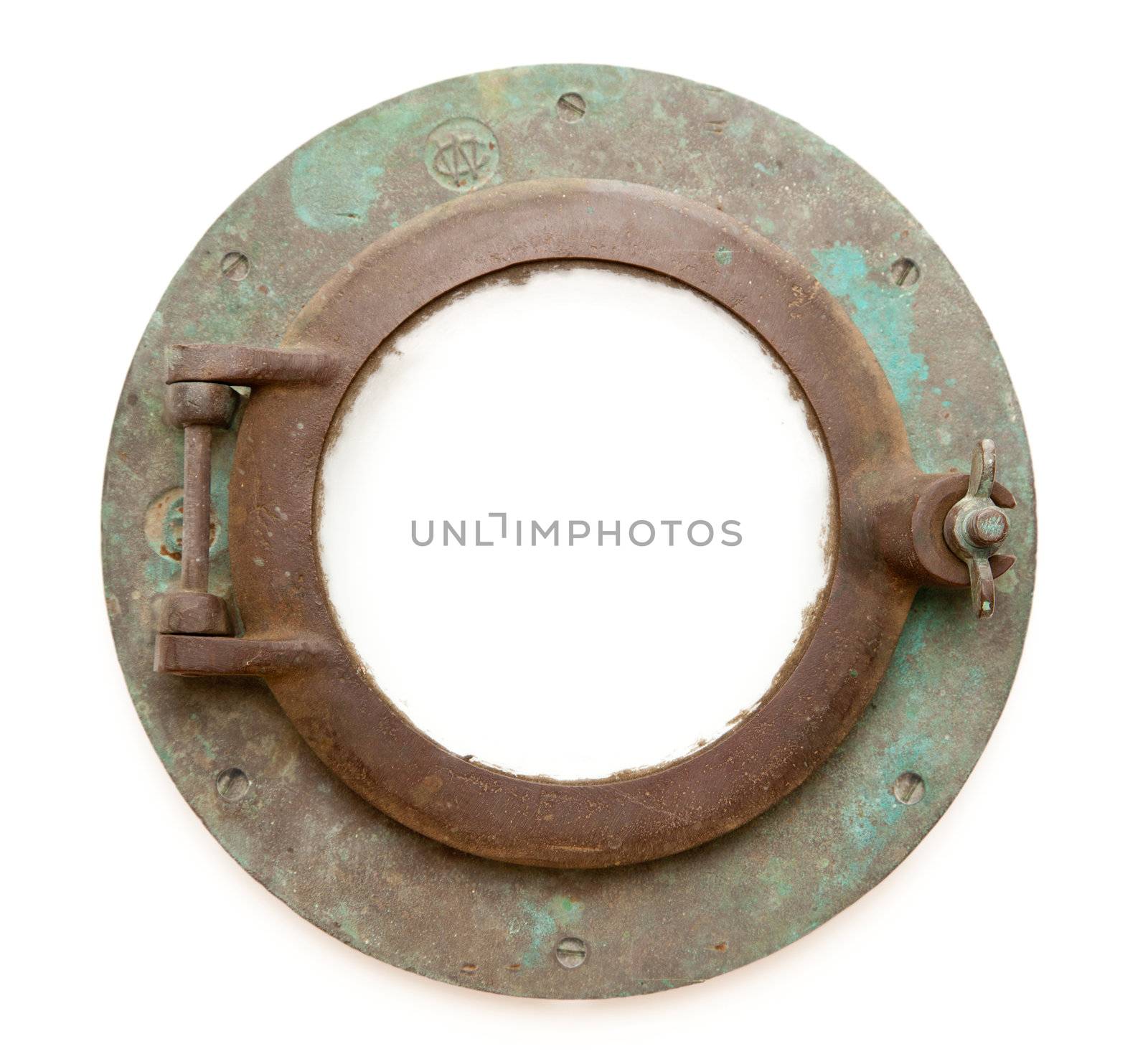 Aged Antique Ship Porthole Isolated on a White Background with Clipping Path -Inner and Outer.