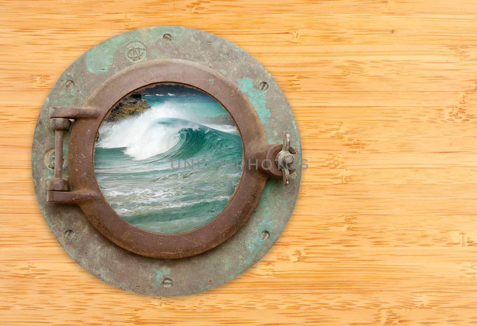 Antique Porthole with View of Crashing Waves on a Bamboo Wall Background.
