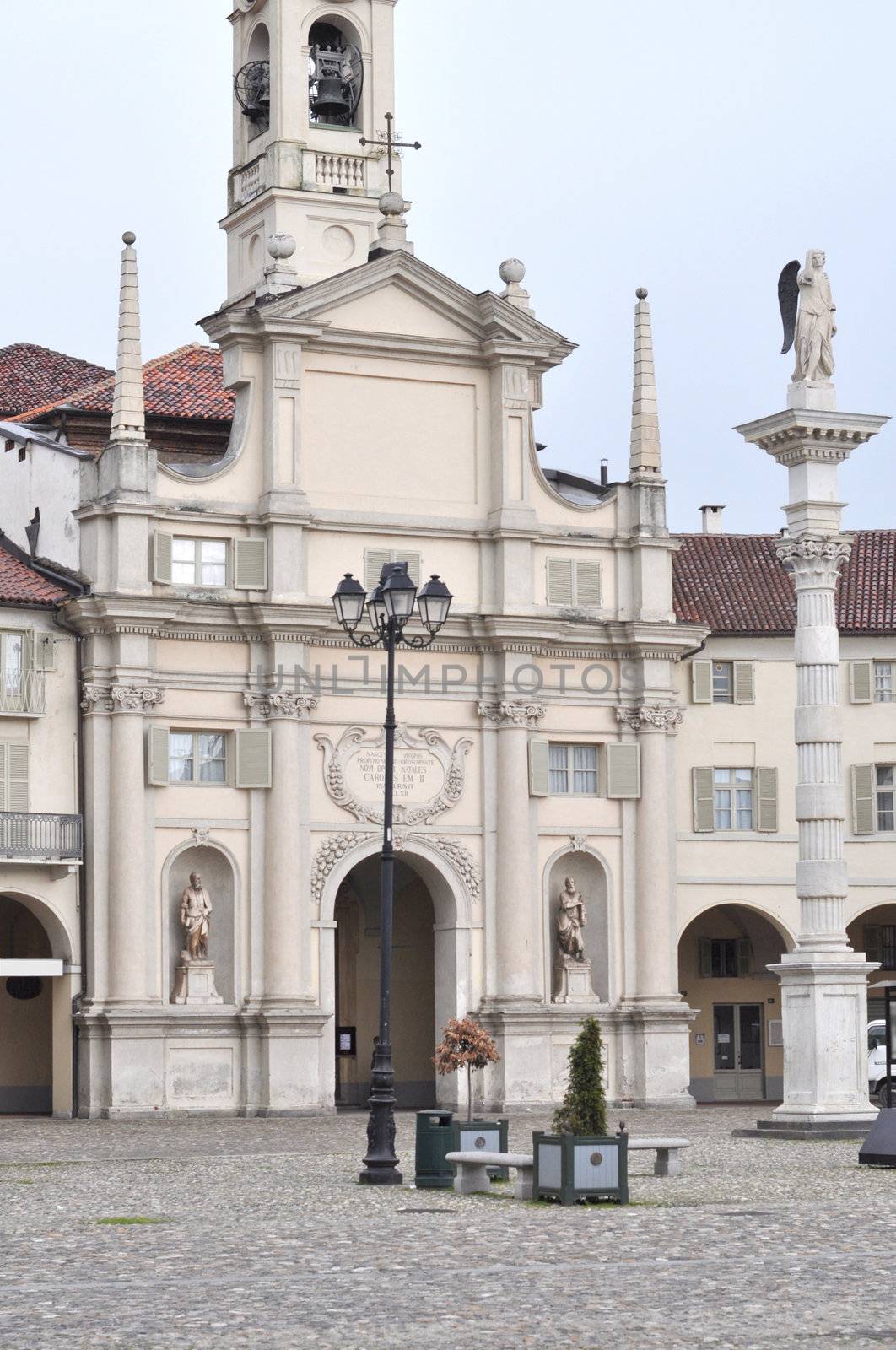 Piazza dell Annunziata square in Venaria Reale with Nativita di Maria church, Turin, Italy