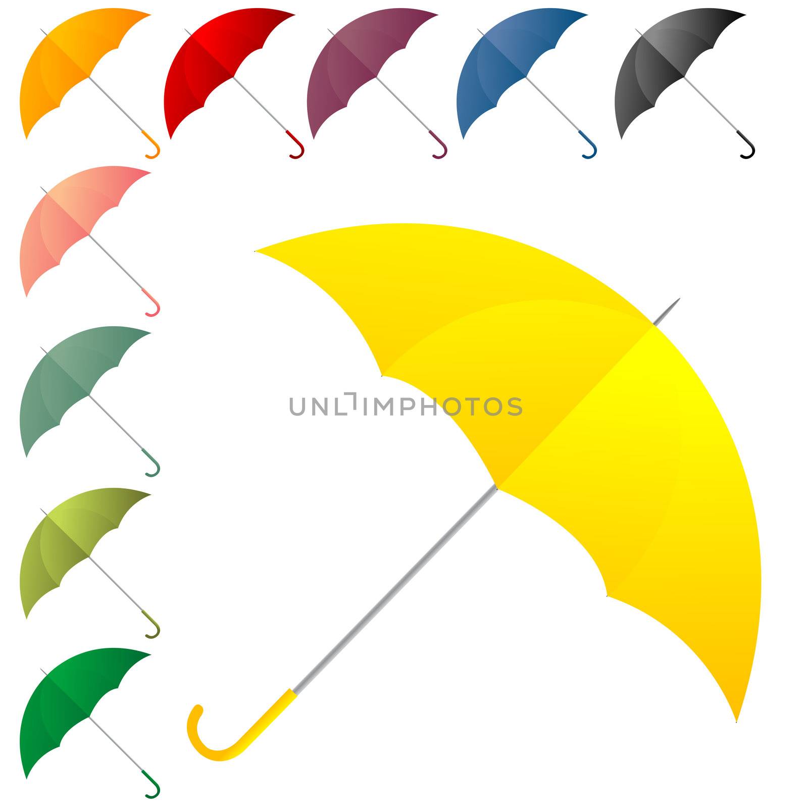 Open umbrellas in colors over white