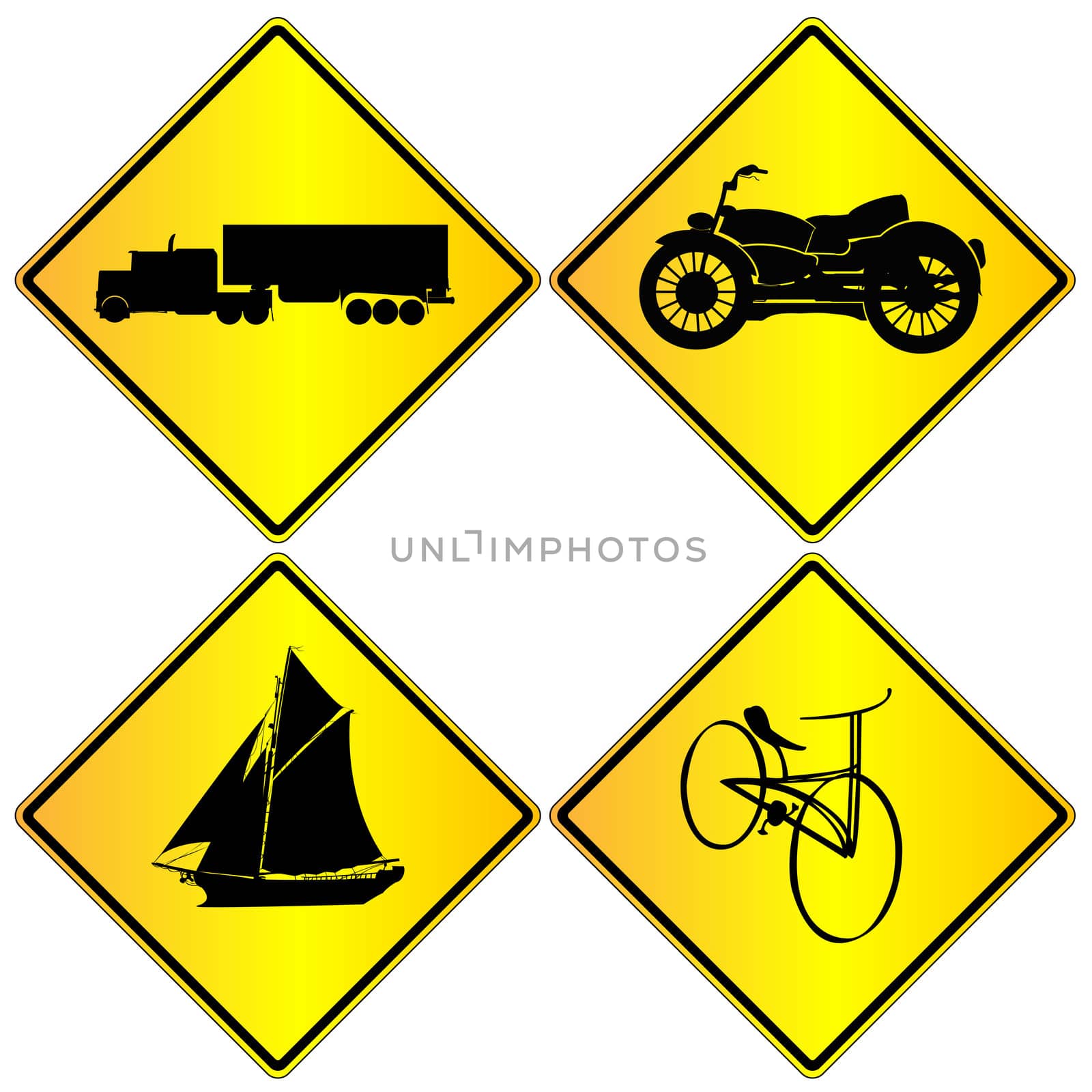 Metalic transport signs set, isolated objects over white background