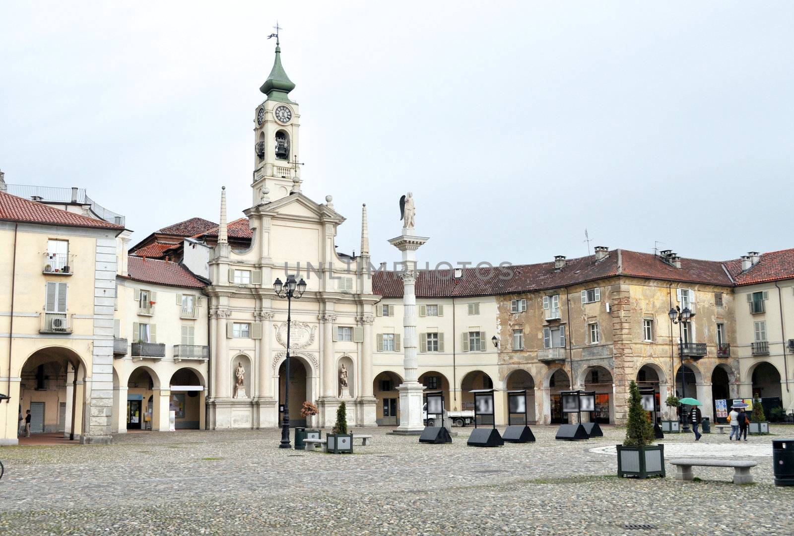 Piazza dell Annunziata square in Venaria Reale with Nativita di Maria church, Turin, Italy