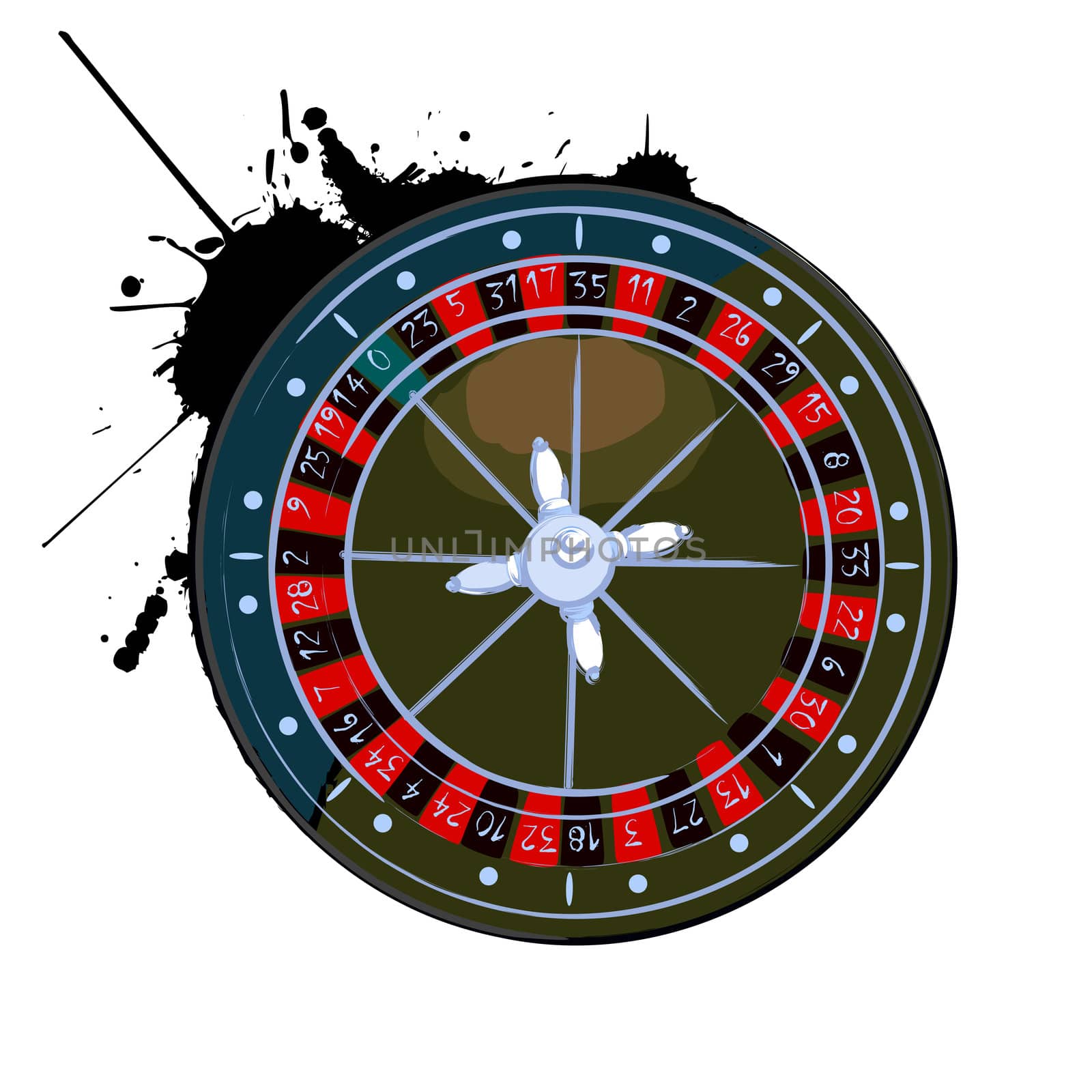 Old roulette wheel over white background