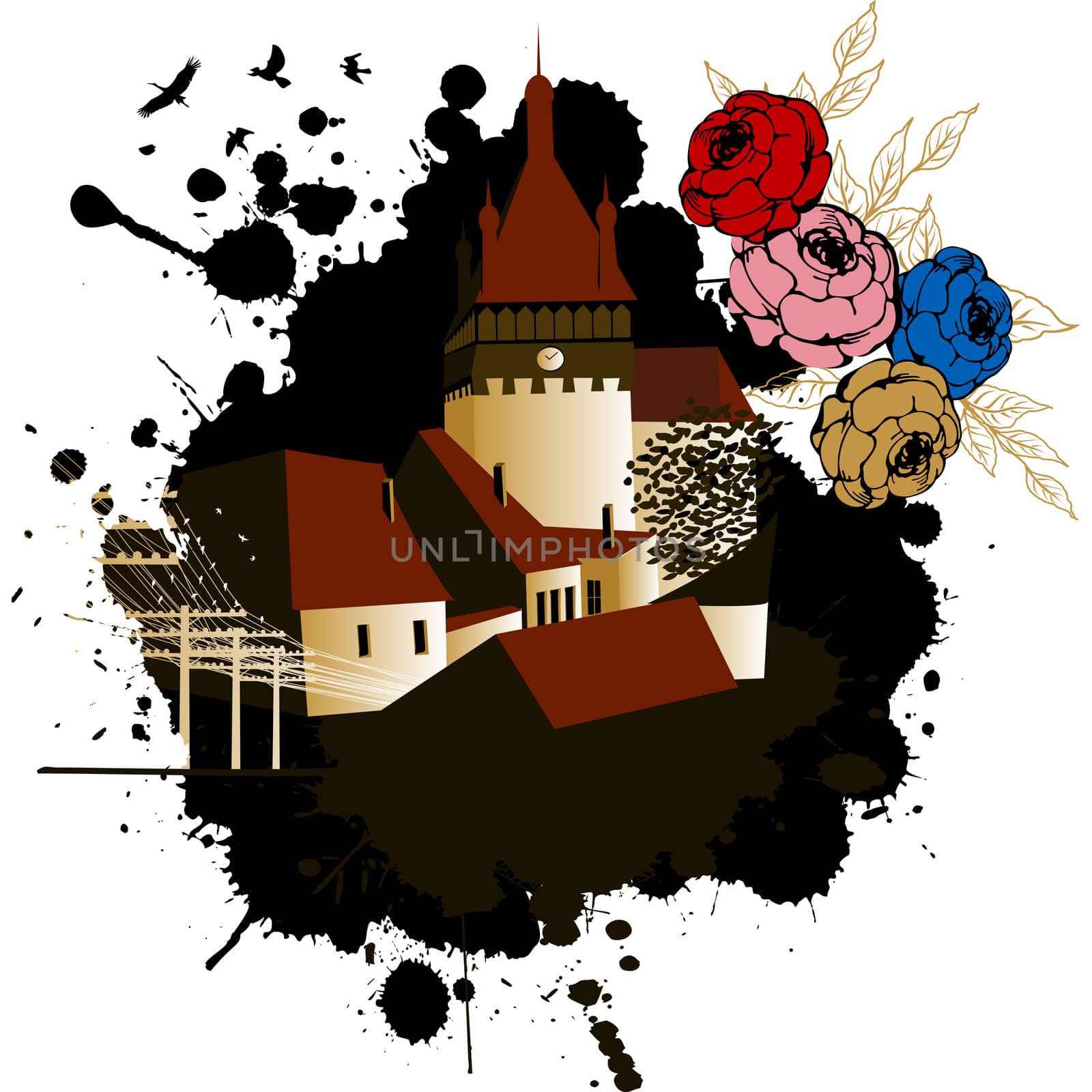 grunge style composition with old castle and flowers