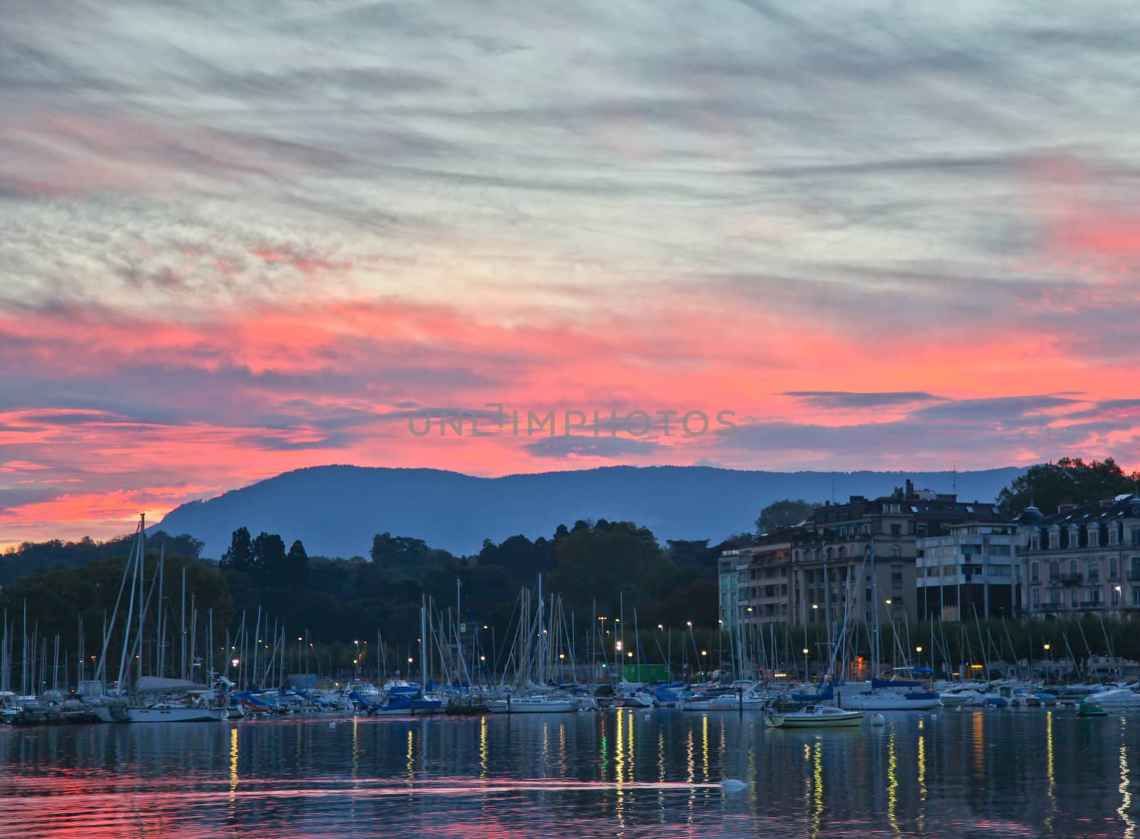 Red sunrise in Geneva, Switzerland