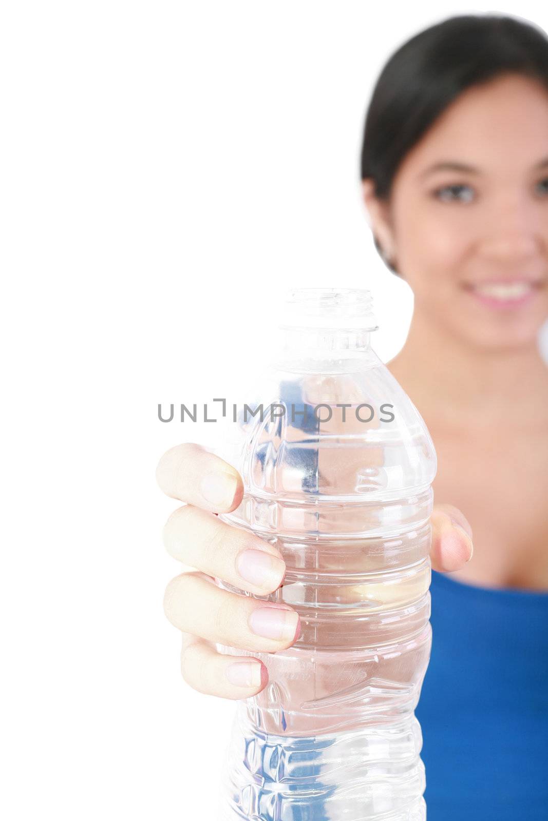 beautiful woman with bottle of water over white