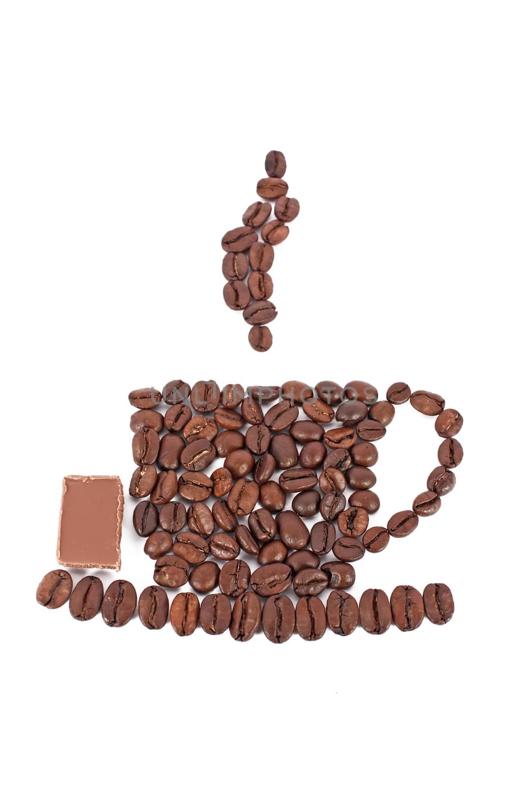 Cup of coffee made of coffee beans with piece of chocolate, isolated on white