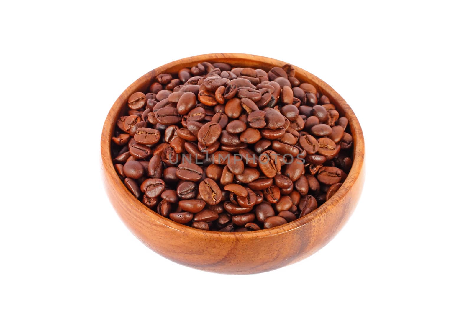 Coffee beans in wooden bowl isolated on white