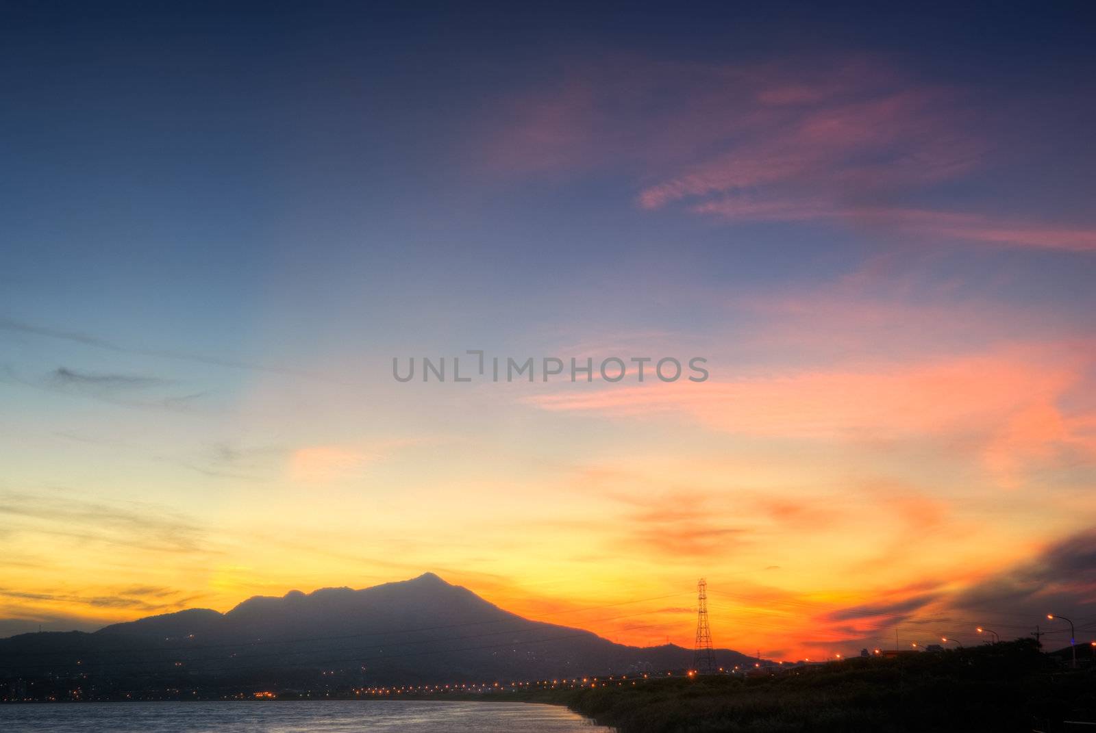 Cityscape of colorful sky in sunset in dusk in Taipei city, Taiwan.