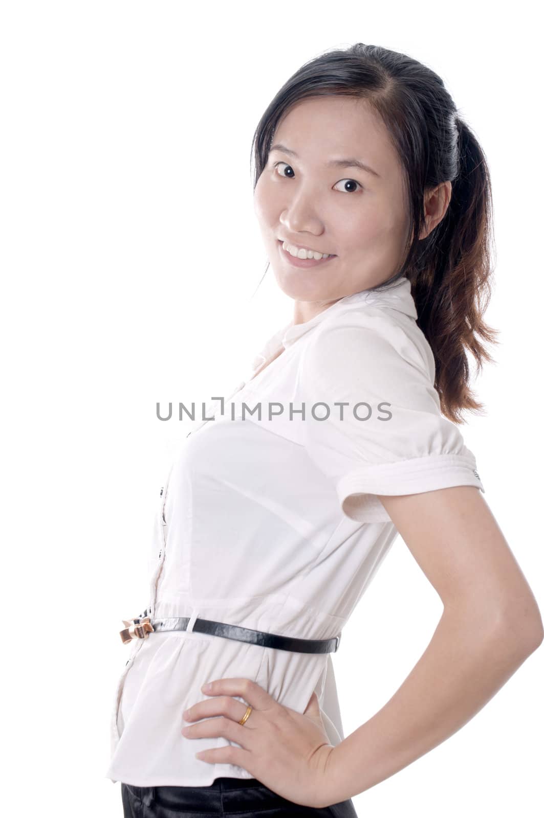 A young sassy asian business woman with white blouse isolated