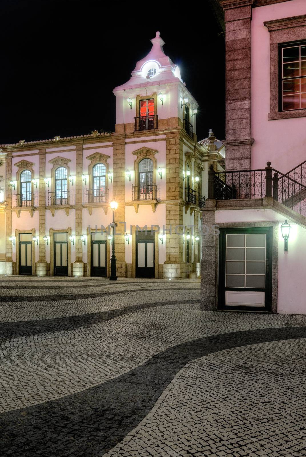 Macao street in night, cityscape with beautiful buildings in Macau, China.
