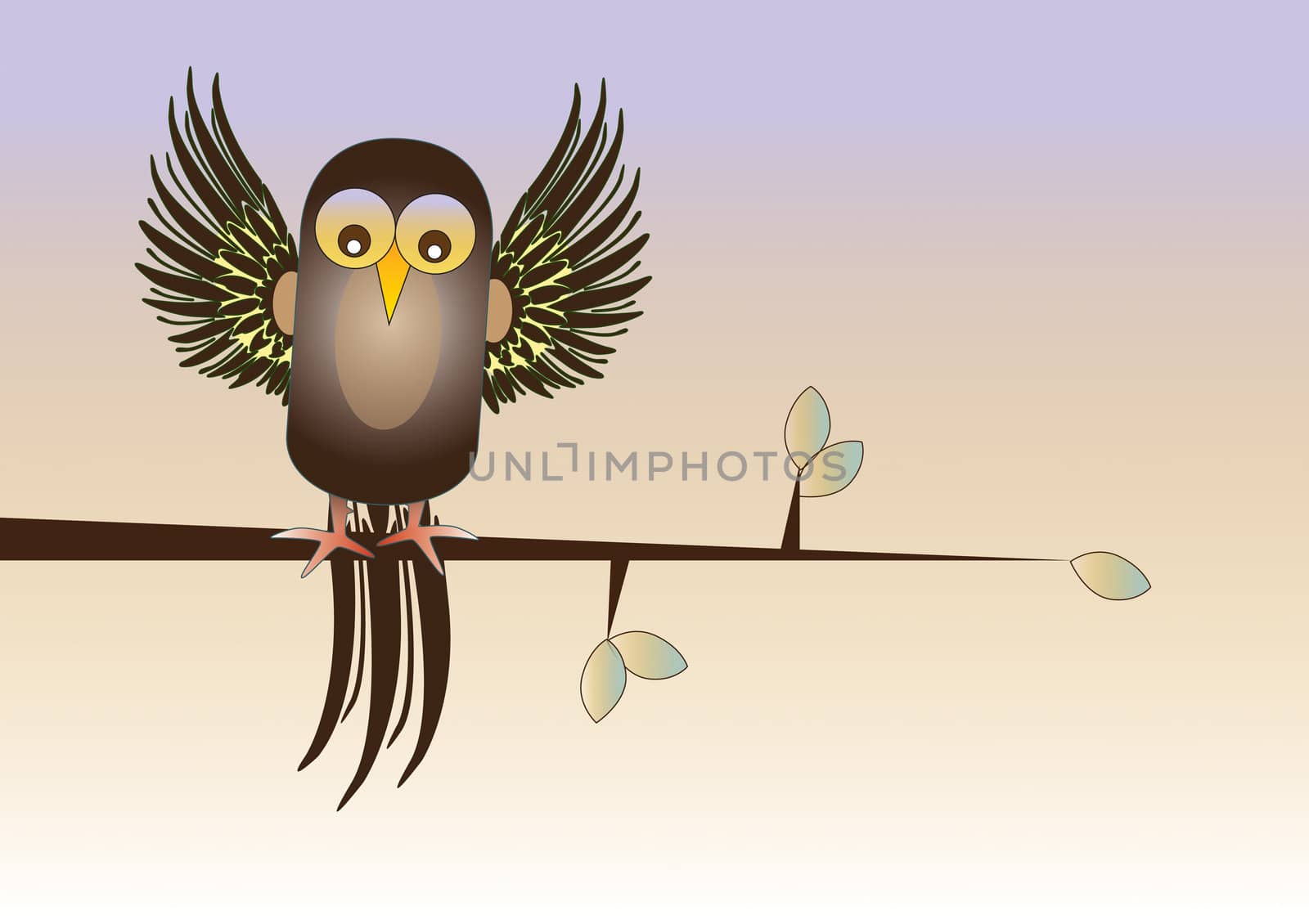 A Hand drawn Illustration of a stylized bird of paradise with feathered wings perched on the branch of a tree, set on a graduated background. 