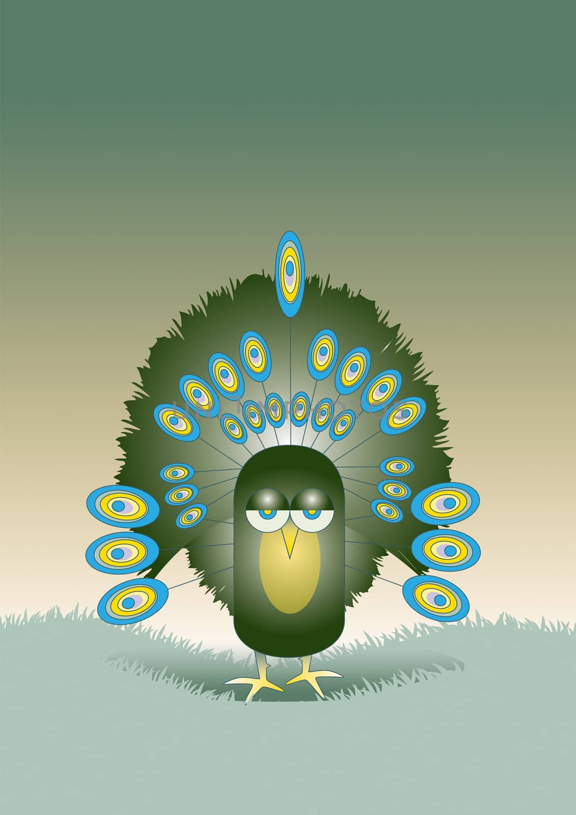 A Hand drawn Illustration of miserable looking stylized peacock with ornate feathers, set on a gradated green background in front of green grass.