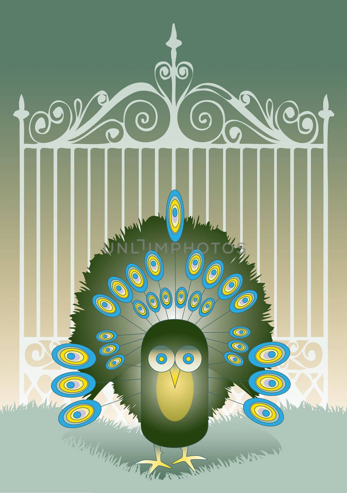 A Hand drawn Illustration of stylized peacock with ornate feathers set in front of a pair of ornate gates. Peacock representative of guarding a property.