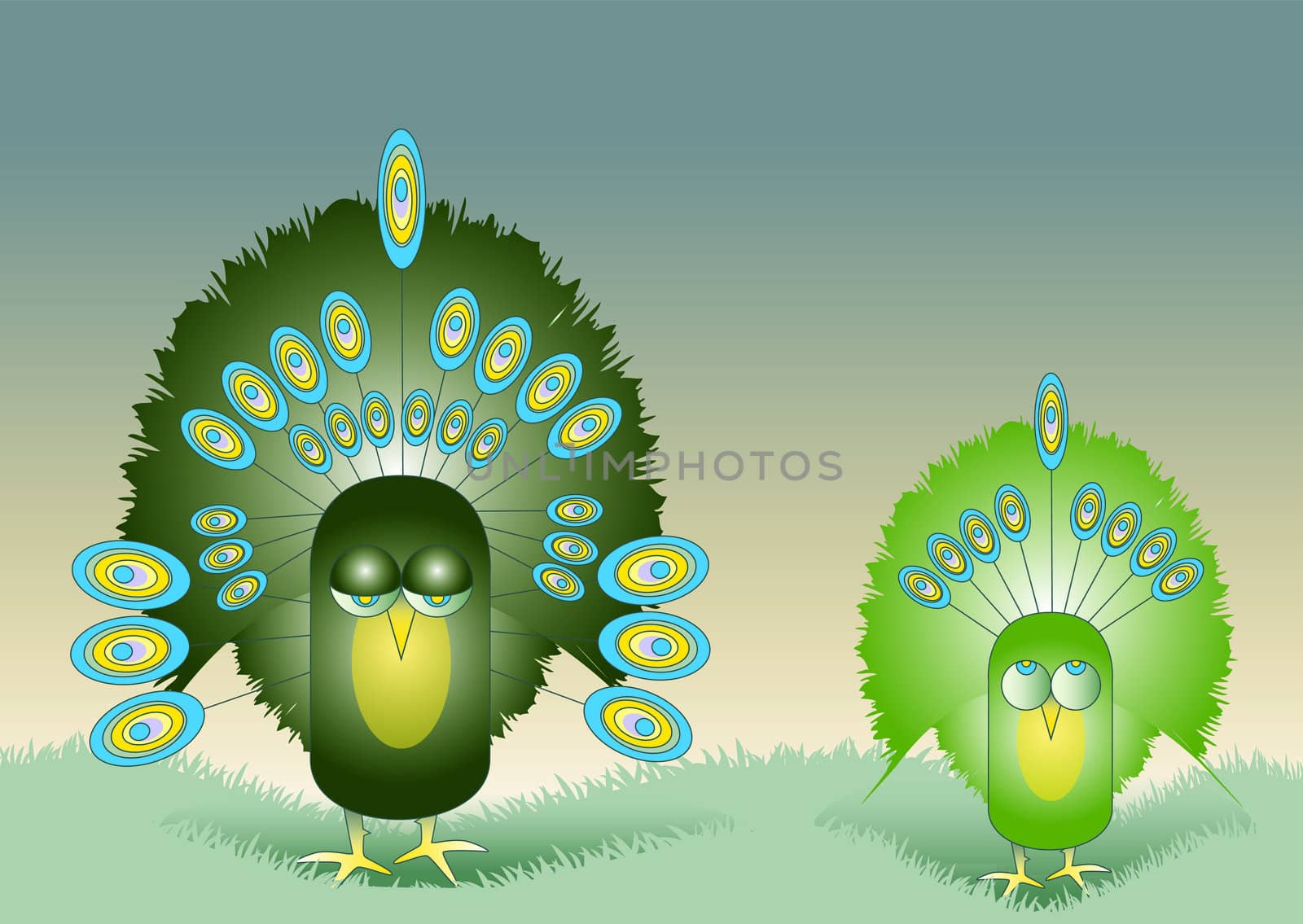 A Hand drawn Illustration of two stylized green colored peacocks with ornate feather decoration. One an adult the other a juvenile, set on a gradated background in front of green grass.