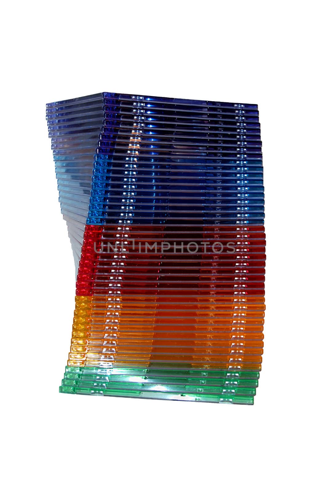 spiral stack of colorfull dvd and cd jewel cases