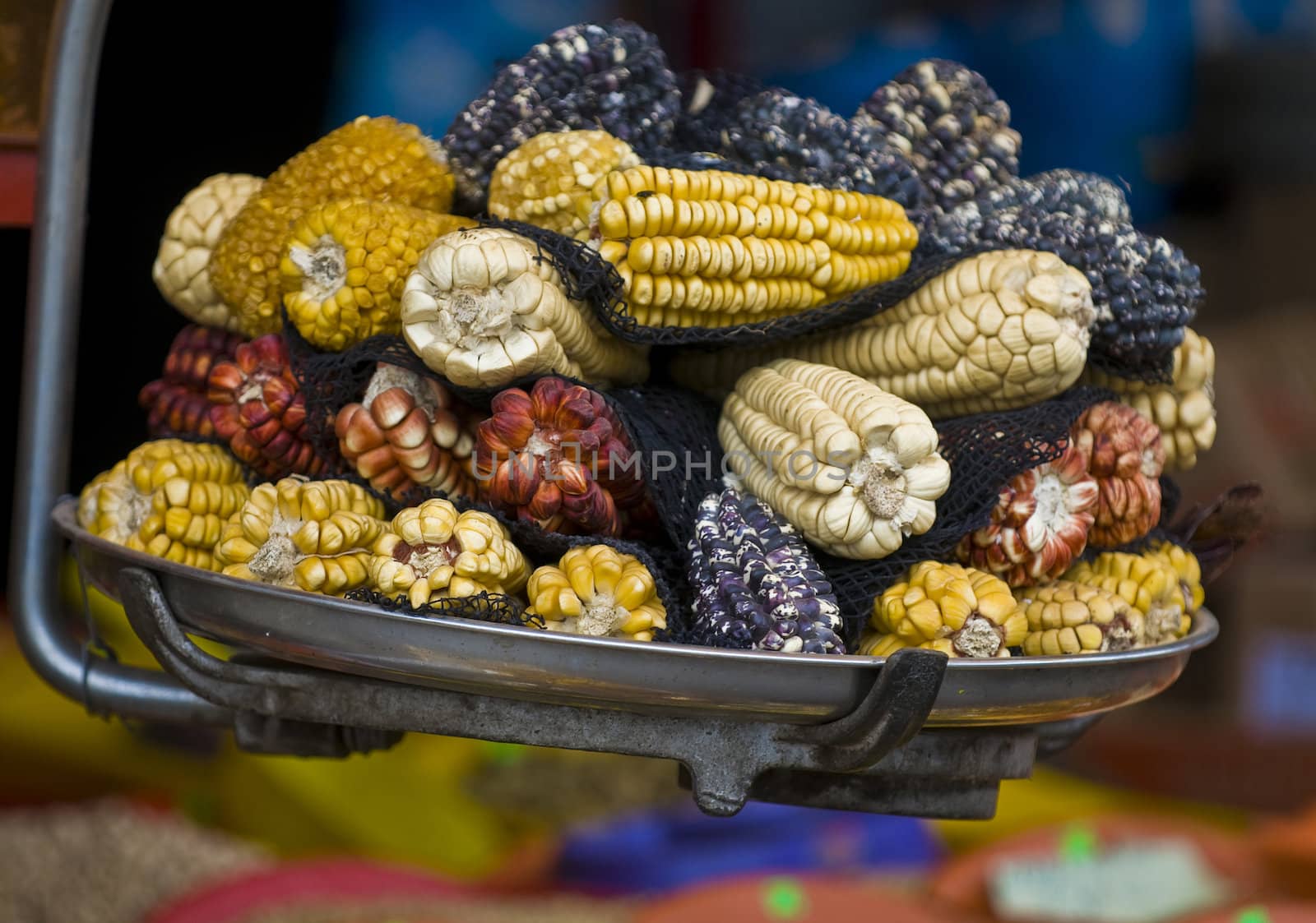 Different types of corn on a market in Peru