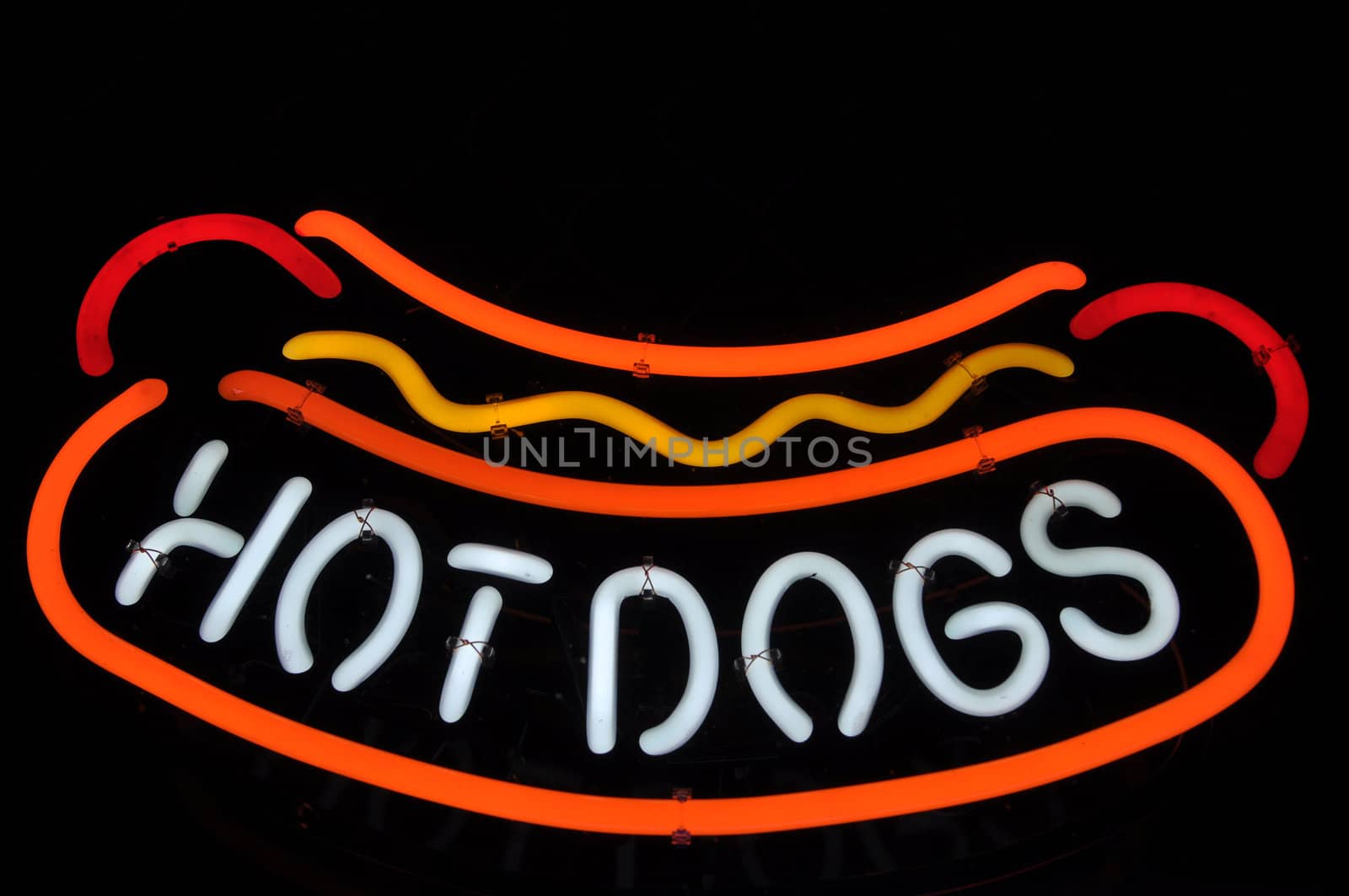 Hot Dogs Neon Red, Yellow and White Sign with Mustard