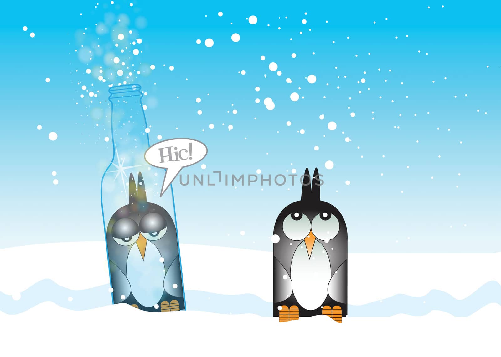 A Hand drawn Illustration of a stylized penguin drunk and trapped inside a glass bottle, with fizzy bubbles emerging from the top of the bottle. Another penguin looks on in disgust. Ideal greetings card.