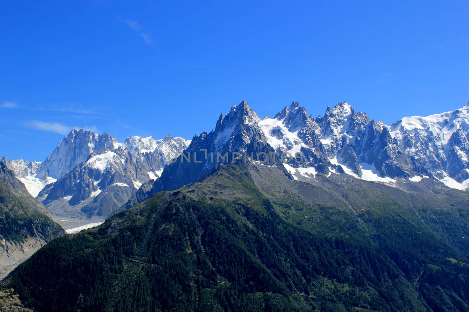 View of the Mont-Blanc massif mountain upon Chamonix, France
