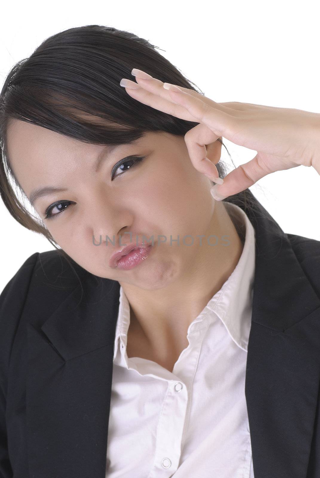 Cute business girl with funny face and happy expression on white background.