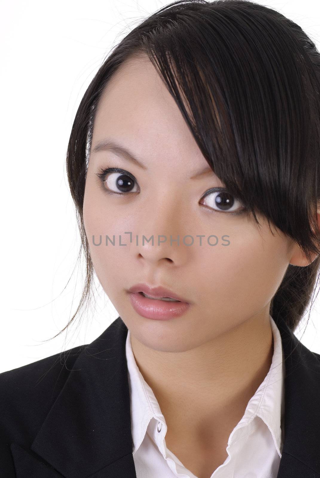 Surprised business woman face, closeup portrait on white background.
