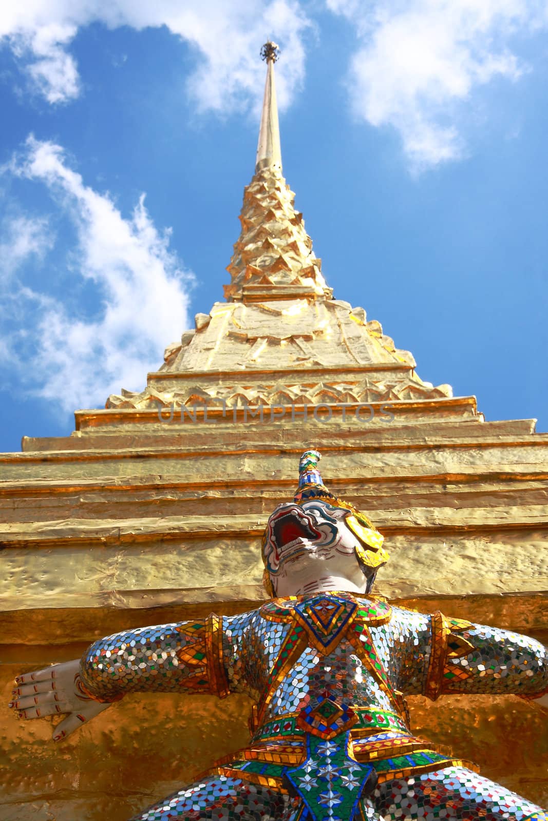 Giant and gold pagoda Wat Phra Kaeo temple, one of the major tourism attraction in Bangkok, Thailand