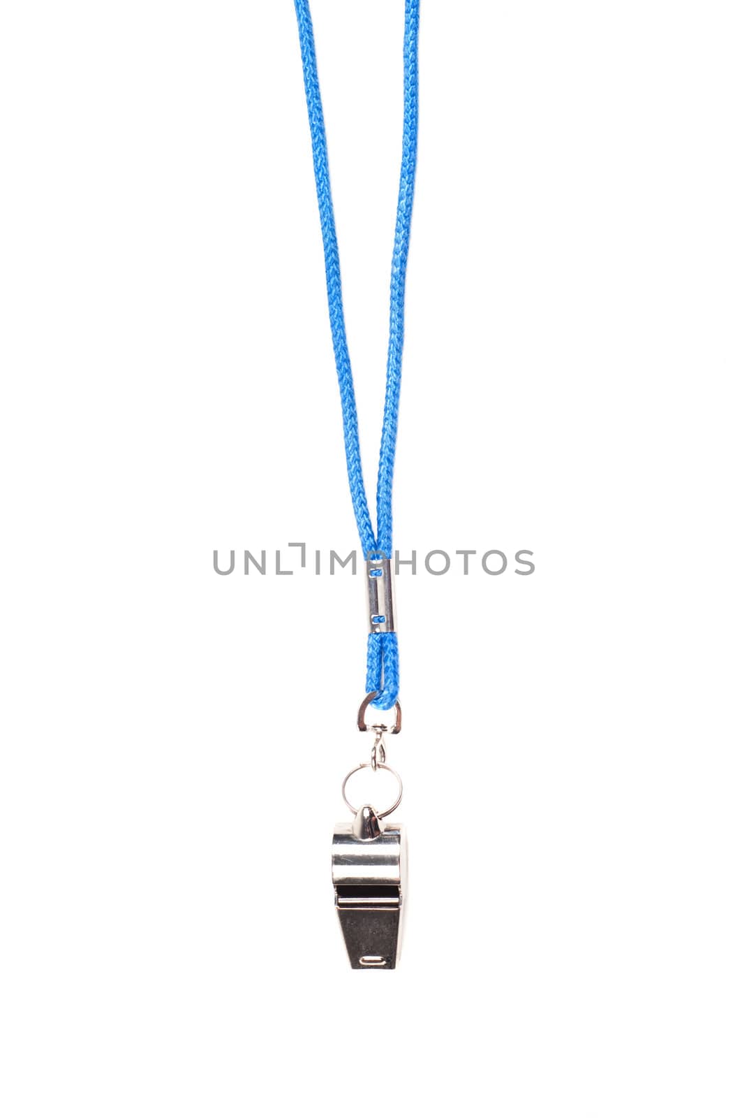 Shot of whistle with blue string isolated on white