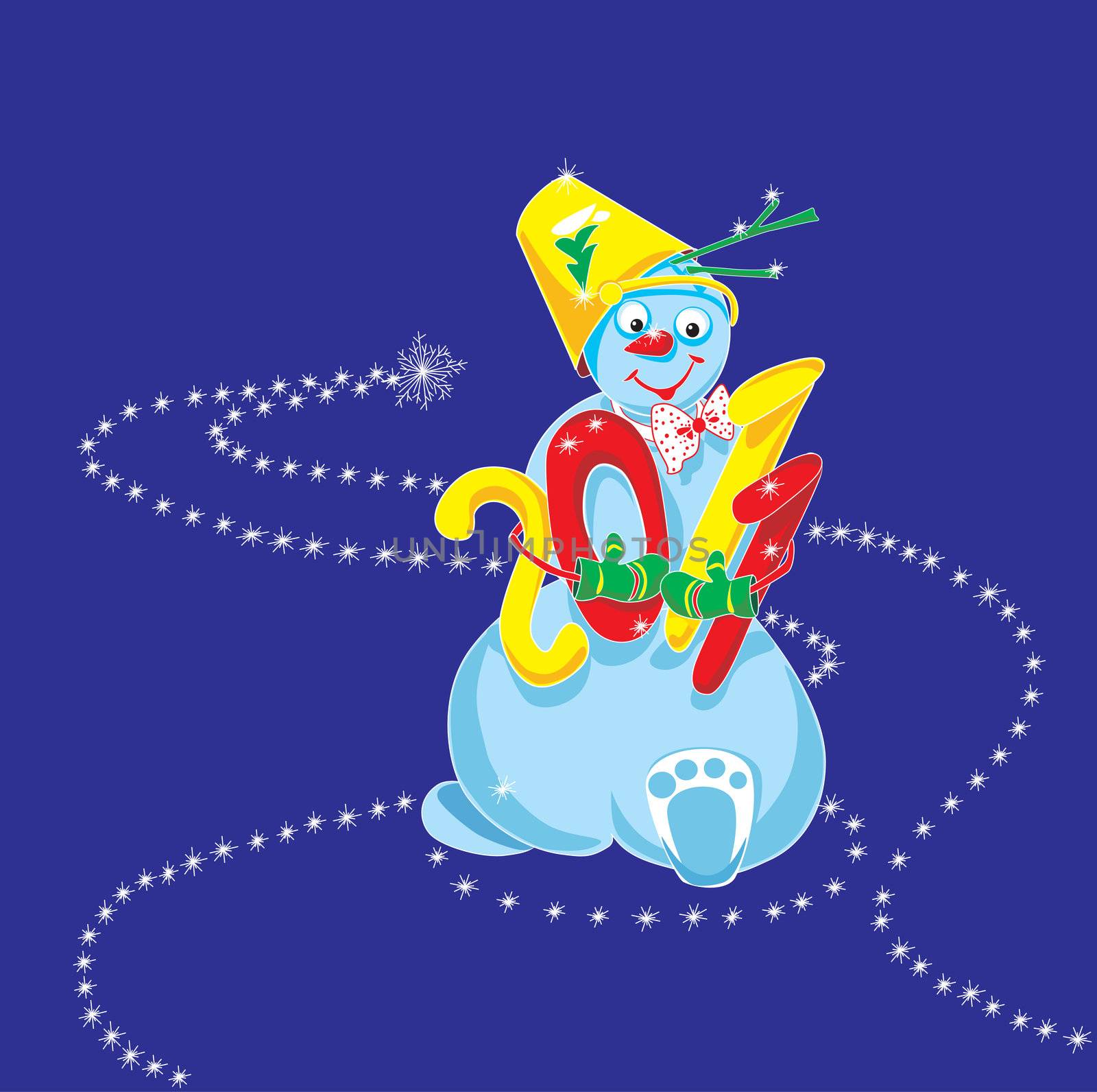 In 2011, a snowman is, the new year, Merry Christmas, a snowman is, knitted gloves, a bucket on his head, is 2011, begins in 2011, the path of snowflakes, beautiful ribbon, a yellow bucket, red 0 and 1, green mittens, a cheerful snowman, marching along the path, tsyfry in hand colored 2011