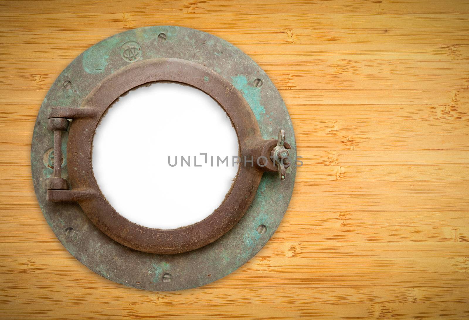 Antique Porthole on Bamboo Wall with White, Blank Window - Contains Inner Clipping Path.