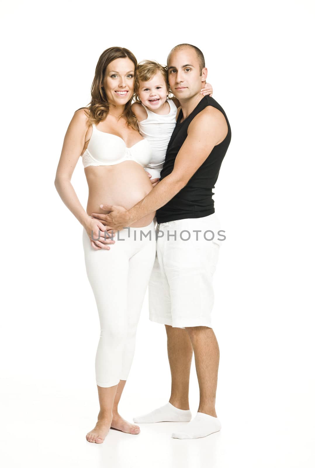 Pregnant woman with her family isolated on white background