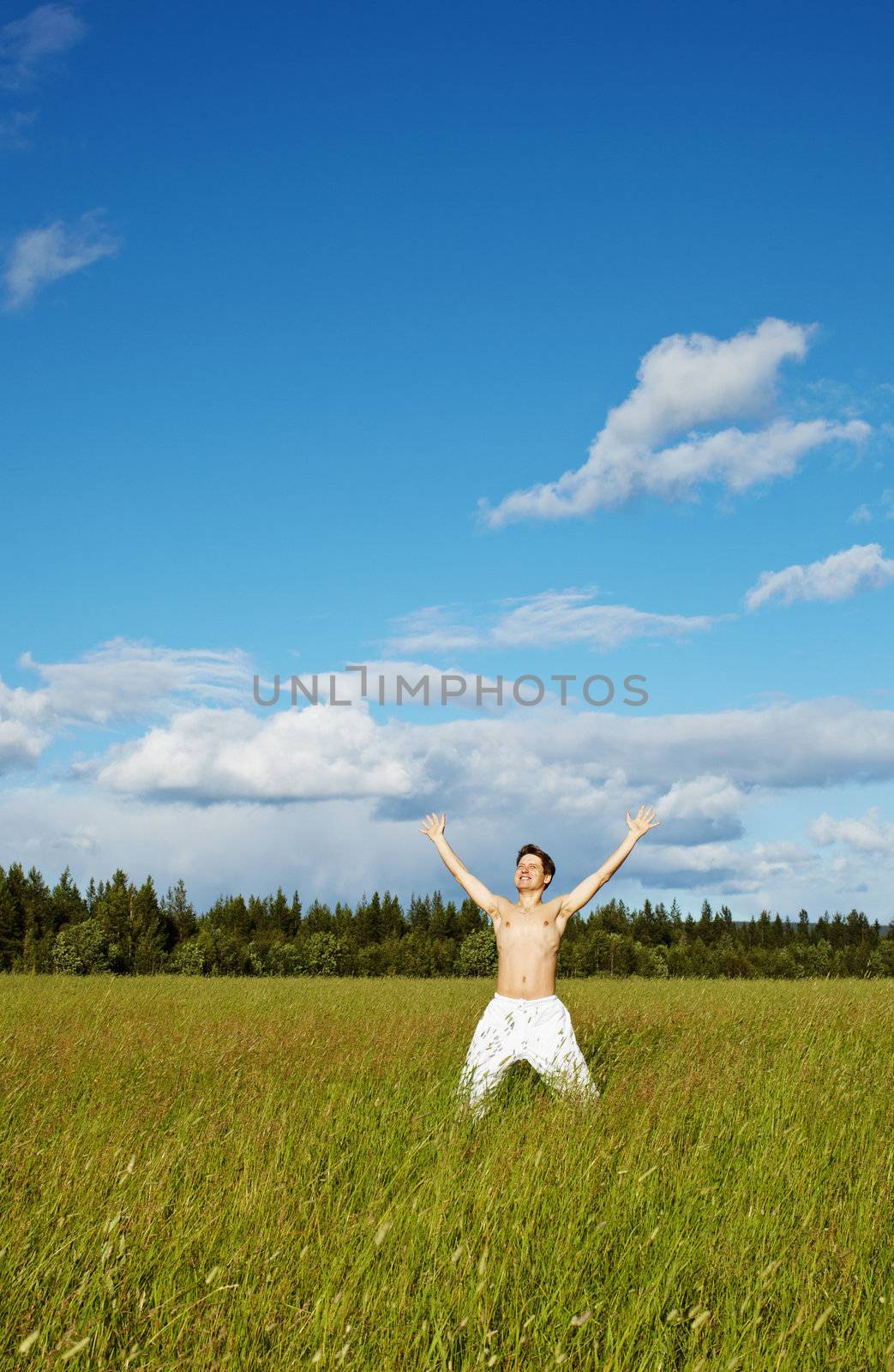 The young man is happy - has emotionally thrown up hands in a green field