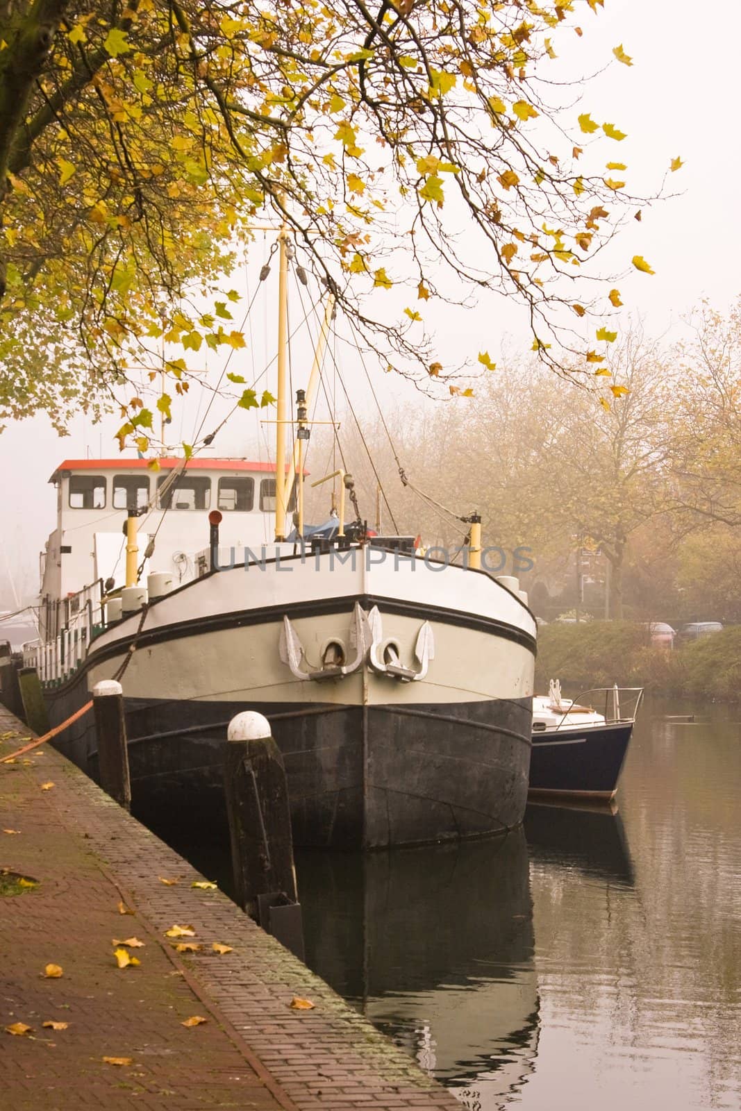 Old ship in misty harbour by Colette