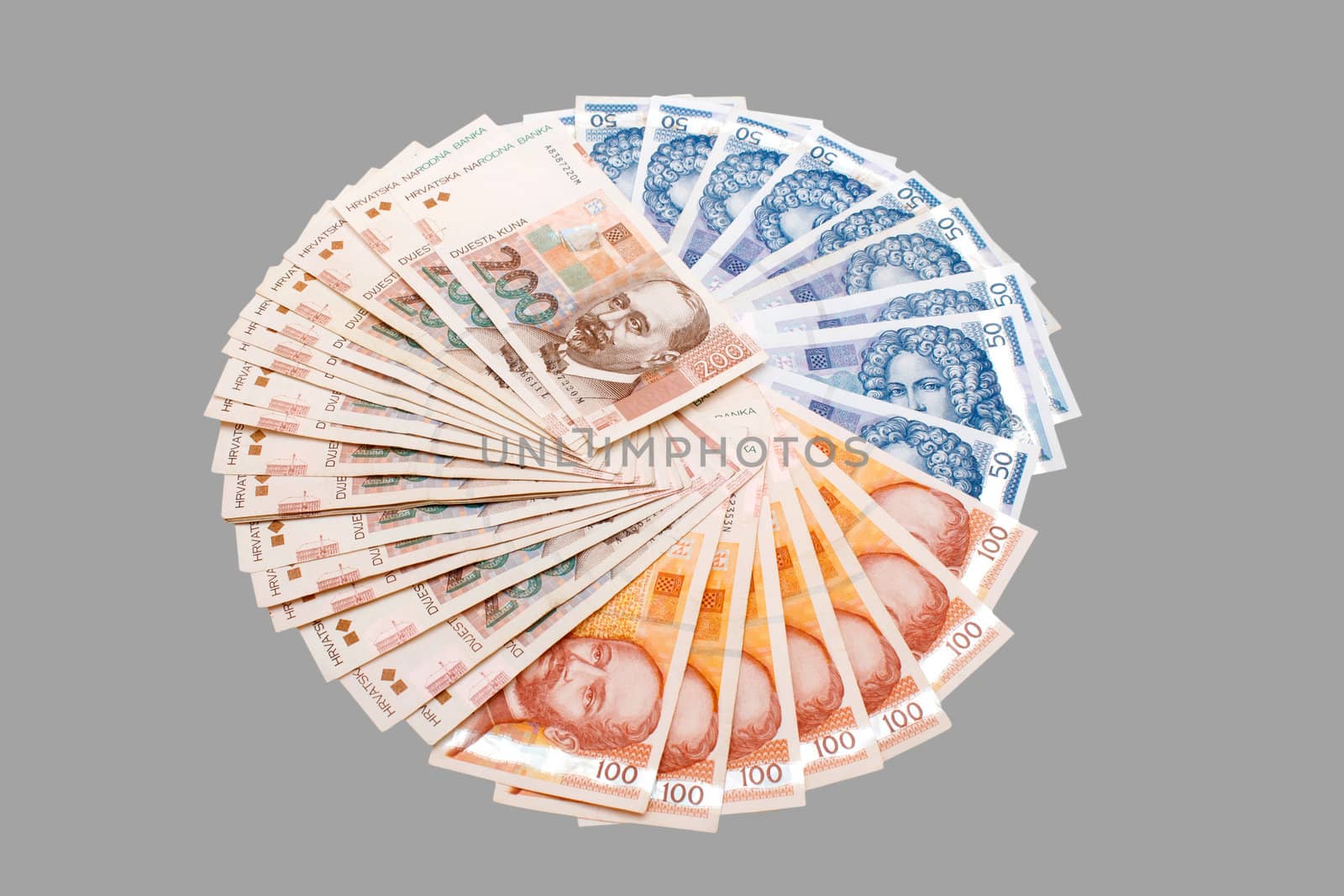 Croatian Kuna banknotes isolated on gray by artush